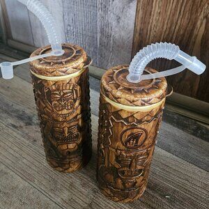 Set of 2 Plastic Tiki Mugs - Brown Cups, Drinkware Cruise Ships On One Side
